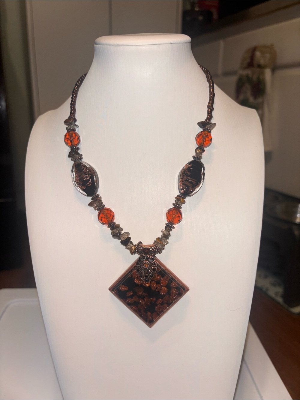 Artisan Amber Glass Pendant Statement Necklace - Stunning! 16” w/ 3” extender